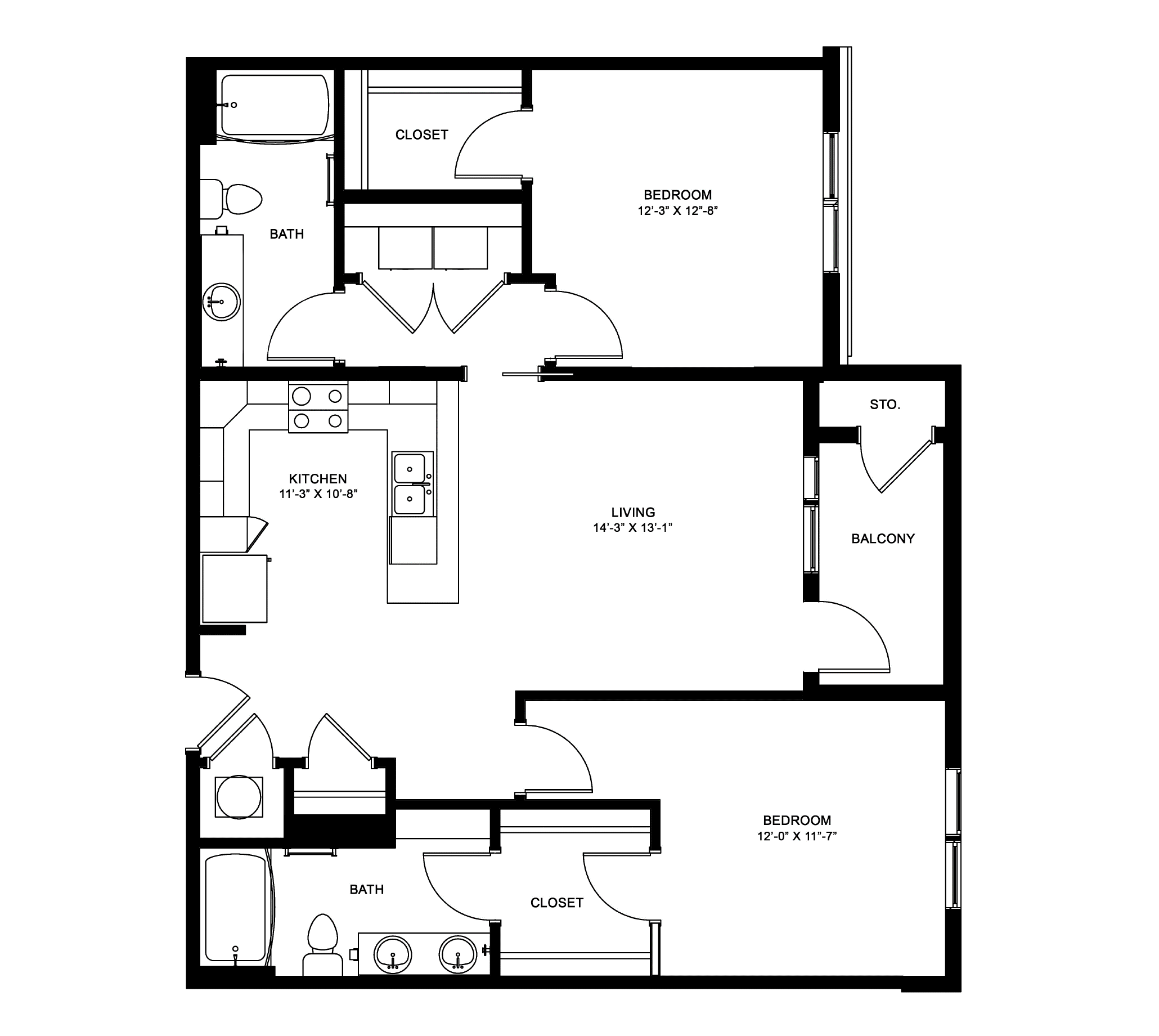Floor plan for 2 beds, 2 baths, 1146 sqft